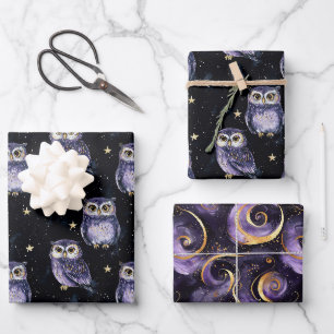 Feuille De Papier Cadeau Anniversaire des Étoiles Magiques des Hiboux Viole