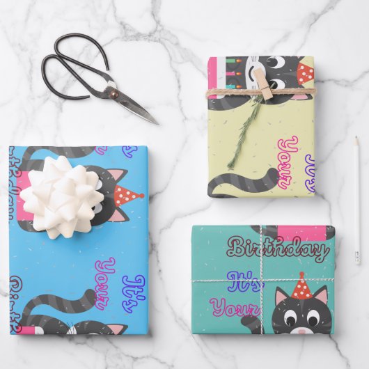Feuille De Papier Cadeau Anniversaire du chat (Recto)