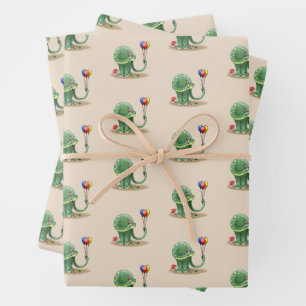 Feuille De Papier Cadeau Anniversaire d'un dinosaure tenant des ballons