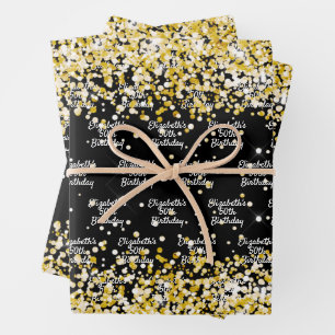 Feuille De Papier Cadeau Anniversaire nom de confetti en or noir