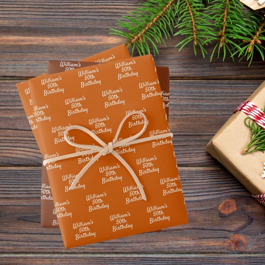 Feuille De Papier Cadeau Anniversaire orange brun rouille nom