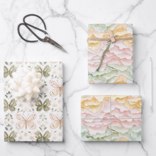 Feuille De Papier Cadeau Anniversaire Papillons Piñata Jaune Menthe Rose