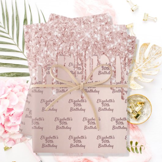 Feuille De Papier Cadeau Anniversaire rose parties scintillant or gouttes r