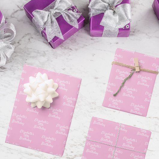 Feuille De Papier Cadeau Anniversaire rose pastel blanc nom fille