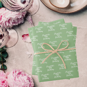 Feuille De Papier Cadeau Anniversaire sauge vert nom blanc