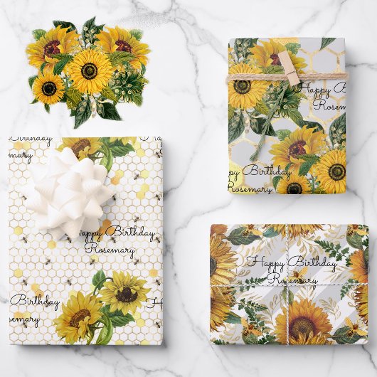 Feuille De Papier Cadeau Anniversaire Sunflowers & Bees Ajouter Nom 3 Cadea