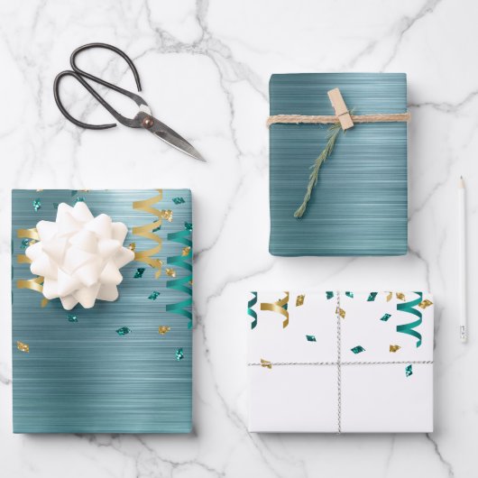 Feuille De Papier Cadeau Anniversaire turquoise de Confetti d'or (Recto)