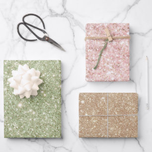 Feuille De Papier Cadeau Anniversaire Vert Avocat Paillettes Crème Rose Or