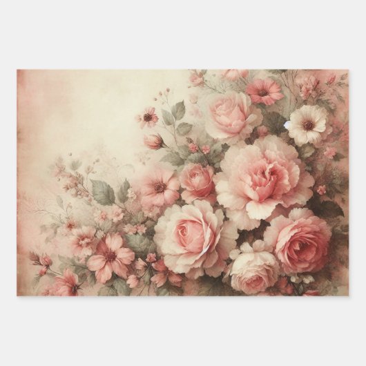 Feuille De Papier Cadeau Antique Pastel Rose Bouquets Découpage (Devant 3)