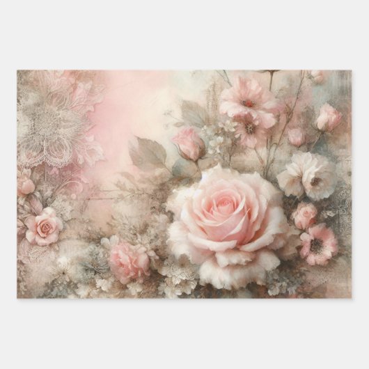 Feuille De Papier Cadeau Antique Pastel Rose Bouquets Découpage (Devant 2)