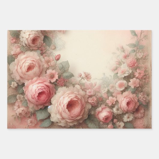 Feuille De Papier Cadeau Antique Pastel Rose Bouquets Découpage (Devant)