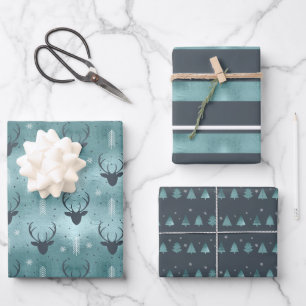 Feuille De Papier Cadeau Antler cerf de Noël, bandes, arbres Turquoise ID86
