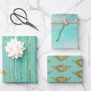 Feuille De Papier Cadeau Aqua Artistique & Gold Trio