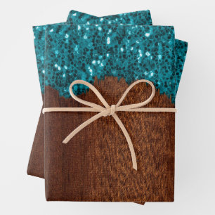 Feuille De Papier Cadeau Aqua bleu faux scintille bois rustique