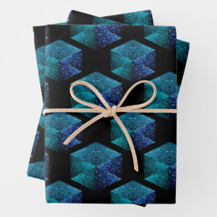 Feuille De Papier Cadeau Aqua bleu scintille diamant motif géométrique noir