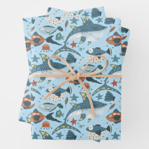 Feuille De Papier Cadeau Aqua Blue Little Shark Under the Sea Anniversaire