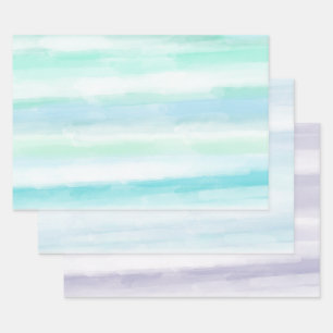 Feuille De Papier Cadeau Aqua Blue Mint White Watercolor Stripes II