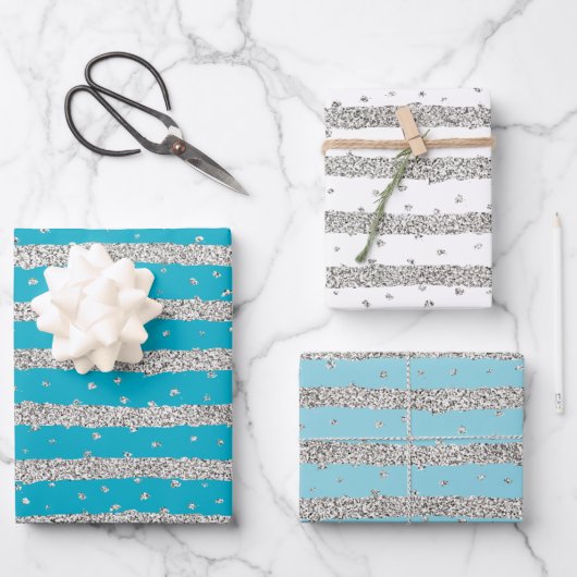 Feuille De Papier Cadeau Aqua Blue Silver Sparkly Confetti Stripes (Recto)