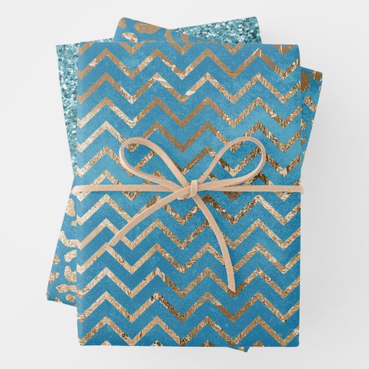 Feuille De Papier Cadeau Aqua Blue Zig Zag et Leopard (En situation)