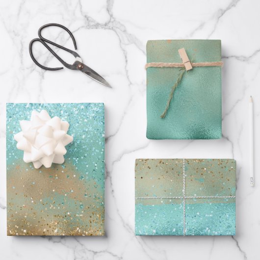 Feuille De Papier Cadeau Aqua Glitz Gold Parties scintillant (Recto)