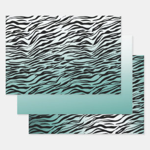 Feuille De Papier Cadeau Aqua Mint Black Zebra Print Ombre