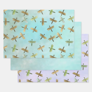 Feuille De Papier Cadeau Aqua Mint Gold Dragonflies Aquarelle