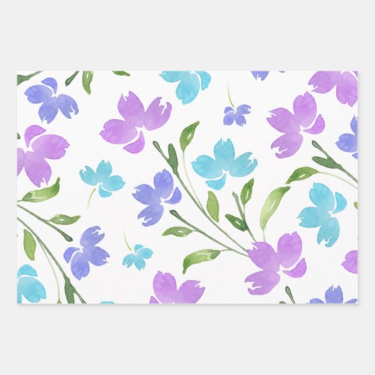 Feuille De Papier Cadeau Aqua Periwinkle Purple Aquarelle Bords Floraux (Devant)
