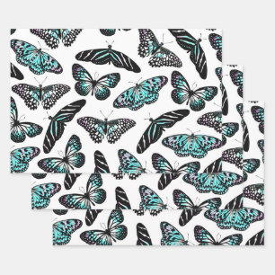 Feuille De Papier Cadeau Aqua Turquoise Papillons noirs Motif aquarelle