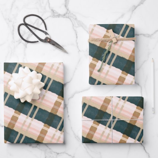 Feuille De Papier Cadeau Aquarelle Abstraite Festive Vert et Motif rose (Recto)