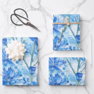 Feuille De Papier Cadeau Aquarelle Abstraite Fleurs bleues et blanches