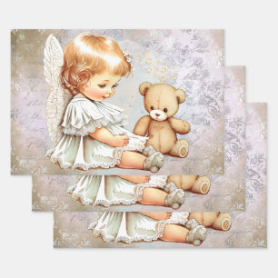Feuille De Papier Cadeau Aquarelle Ange Bébé et Ours en Peluche