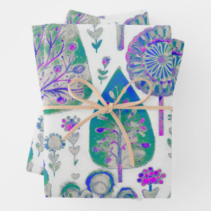 Feuille De Papier Cadeau Aquarelle Arbre de Noël violet vert bleu