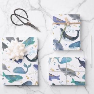 Feuille De Papier Cadeau Aquarelle Baleines Océan Poisson Or Bleu