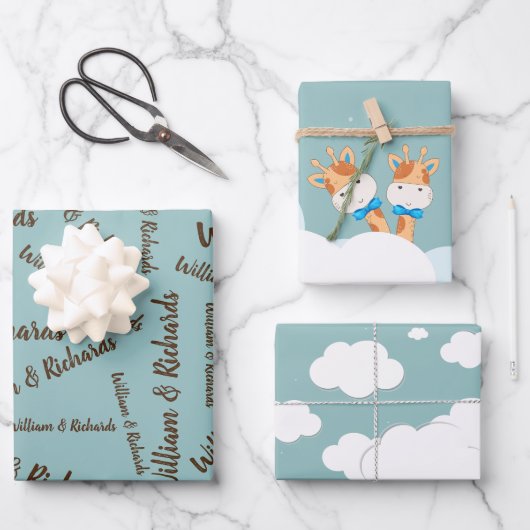 Feuille De Papier Cadeau Aquarelle bébé Giraffe, Safari jumeaux Anniversair (Recto)