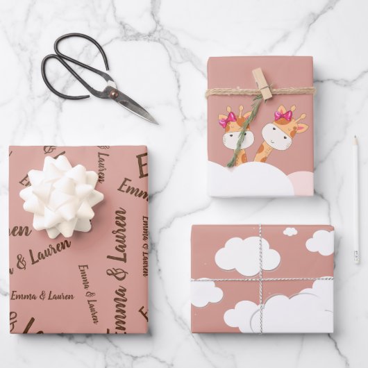 Feuille De Papier Cadeau Aquarelle bébé Giraffe, Safari jumeaux Anniversair (Recto)