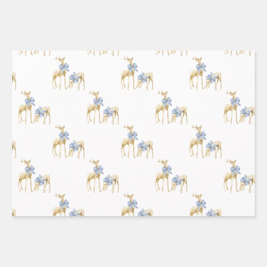 Feuille De Papier Cadeau Aquarelle Bleu Bow Chinoiserie Reindeer et Bells (Devant)