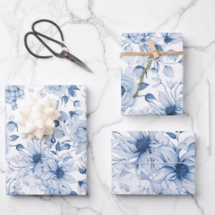 Feuille De Papier Cadeau Aquarelle Bleu et Blancs