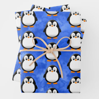 Feuille De Papier Cadeau Aquarelle bleu Pingouin Cute