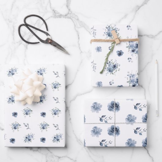 Feuille De Papier Cadeau Aquarelle bleu poussiéreux Floral (Recto)