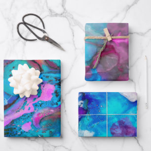 Feuille De Papier Cadeau Aquarelle bleu rose Turquoise violet Abstraction