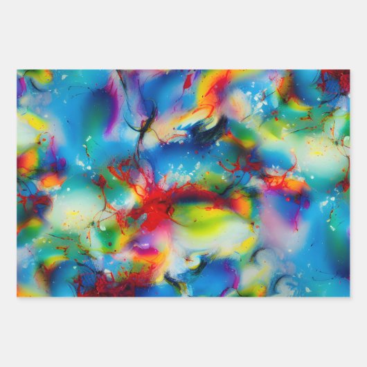 Feuille De Papier Cadeau Aquarelle bleu rouge jaune vert Abstraction (Devant)