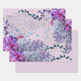 Feuille De Papier Cadeau Aquarelle bleu violet succulent texte dentelle