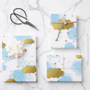Feuille De Papier Cadeau Aquarelle bleue Nuages Gold Stars Sky