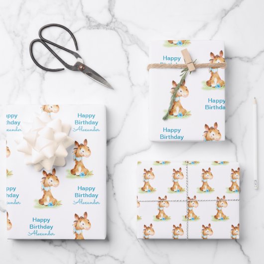 Feuille De Papier Cadeau Aquarelle bleue Petit Cheval (Recto)