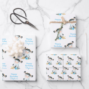 Feuille De Papier Cadeau Aquarelle bleue Petite vache