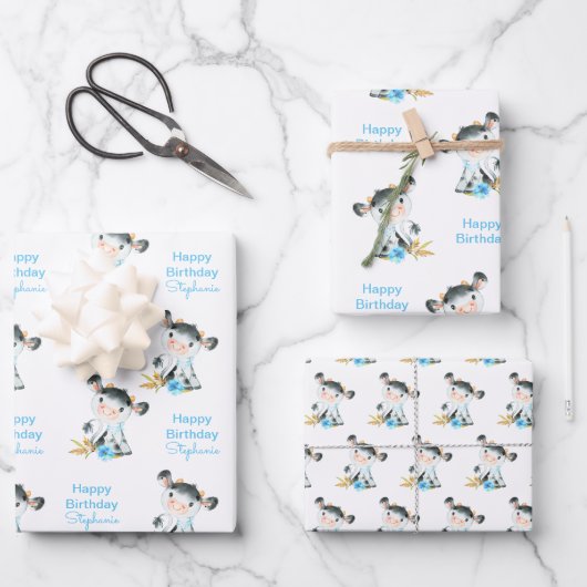 Feuille De Papier Cadeau Aquarelle bleue Petite vache (Recto)