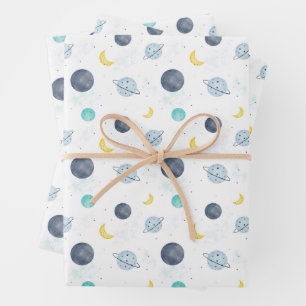 Feuille De Papier Cadeau Aquarelle Blue Space Planet Motif