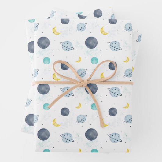 Feuille De Papier Cadeau Aquarelle Blue Space Planet Motif (En situation)