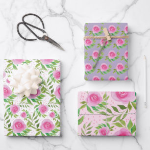 Feuille De Papier Cadeau Aquarelle Boho Rose Roses Peint À La Main