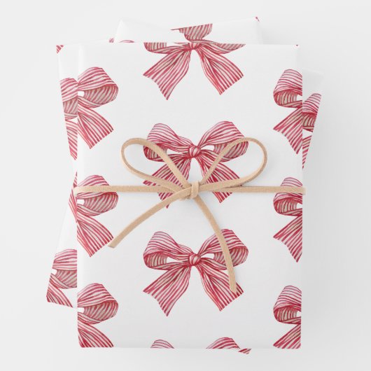 Feuille De Papier Cadeau Aquarelle Bow rayé rouge et blanc (En situation)